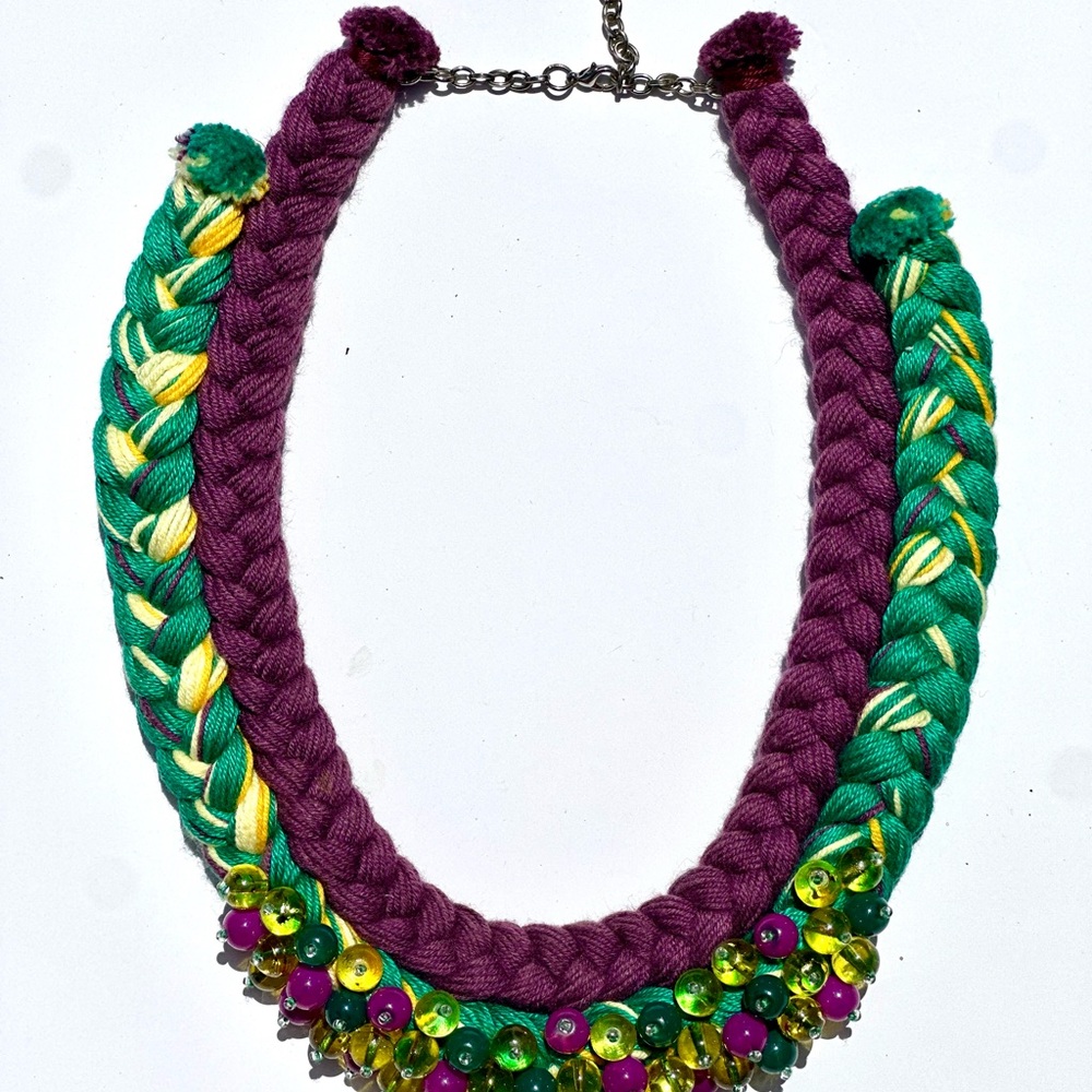 Vibrant Purple and Green Braided Necklace, hand made